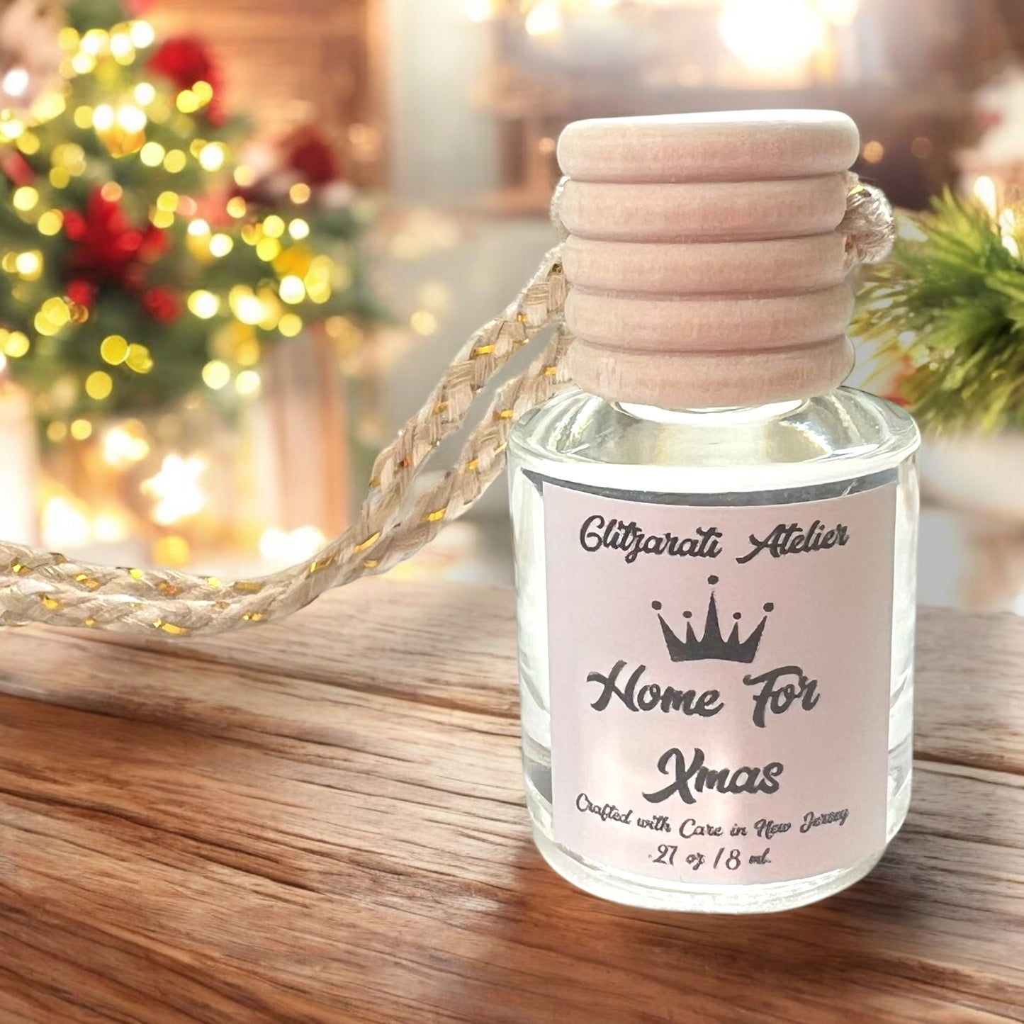 Home For Xmas Hanging Car Diffuser – Balsam, Leather & Old Spice Woods | 8ml Glass Freshener by Glitzarati Atelier