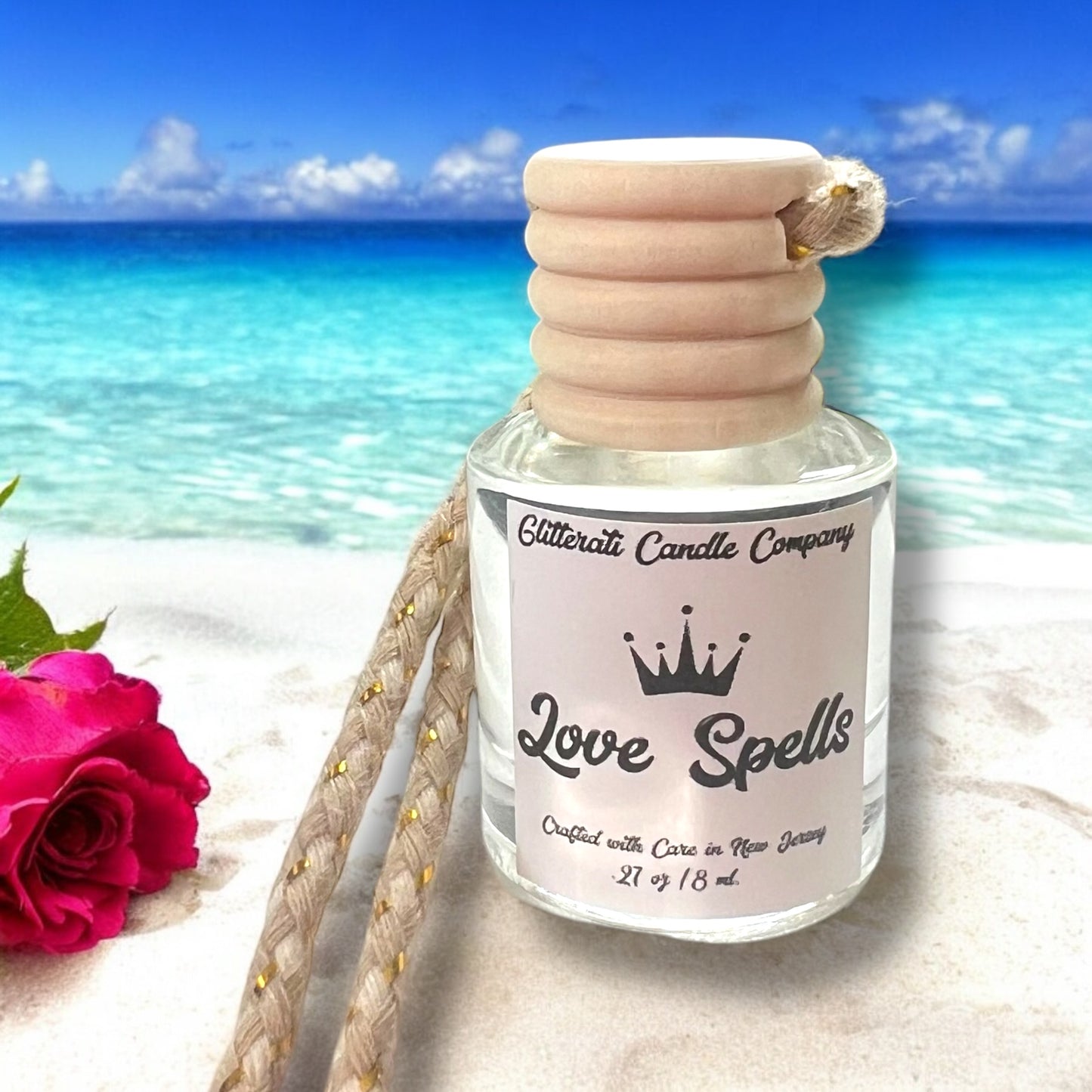 Love Spells Hanging Car Diffuser – Mandarin, Peach & Berry Musk Blend | 8ml Glass Freshener by Glitzarati Atelier