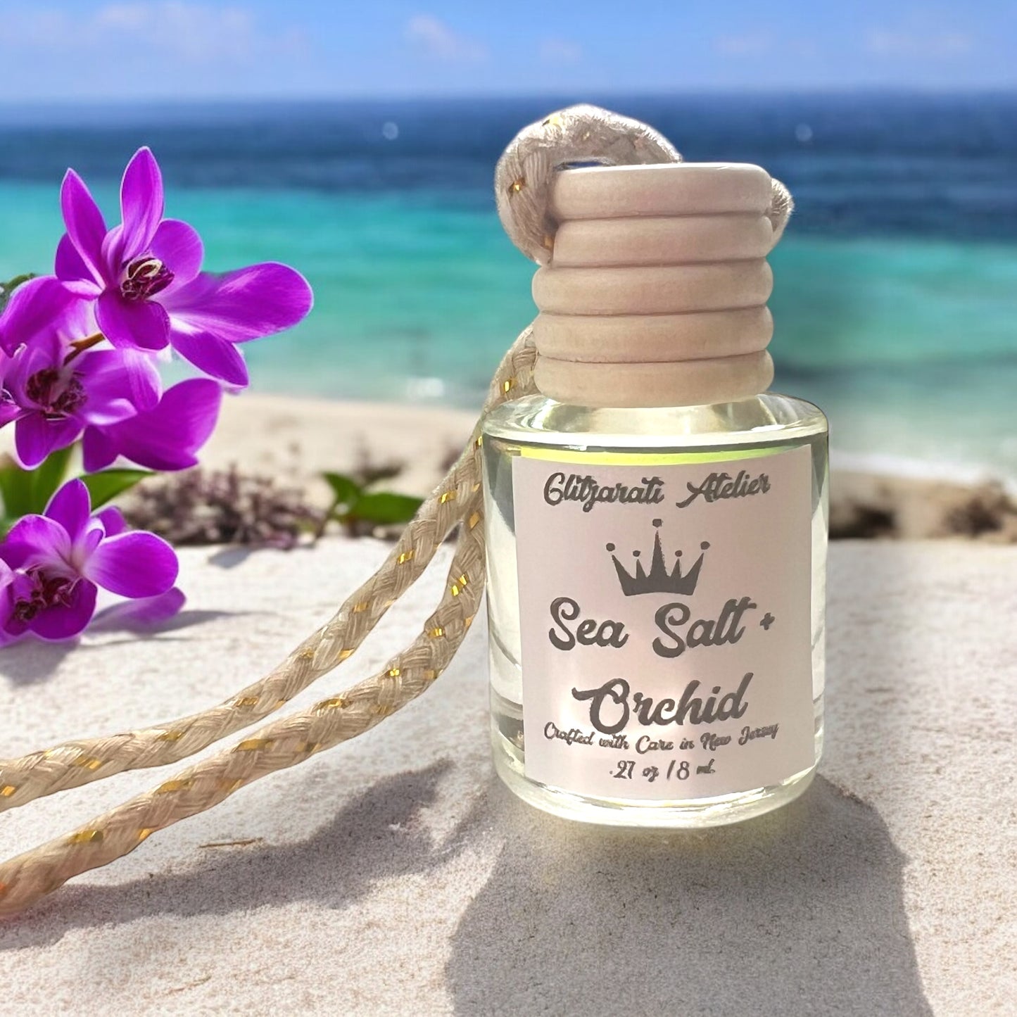 Sea Salt and Orchid Hanging Car Diffuser – Coastal Floral Musk | 8ml Glass Freshener by Glitzarati Atelier