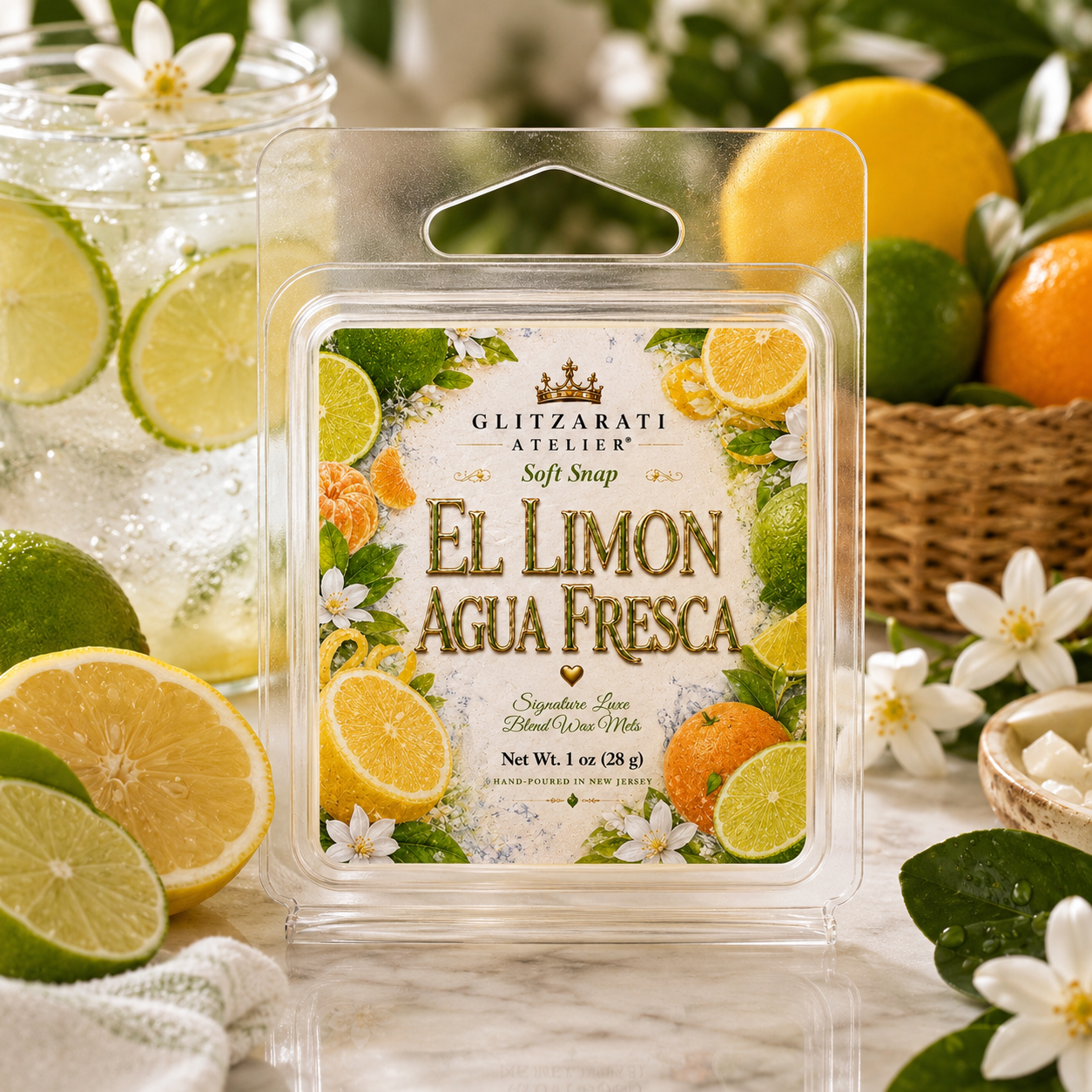 El Limón Agua Fresca | Signature Luxe Blend Wax Melt | Fresh Lime, Lemon Zest & Sweet Mandarin | 1 oz Clamshell | Glitzarati Atelier™