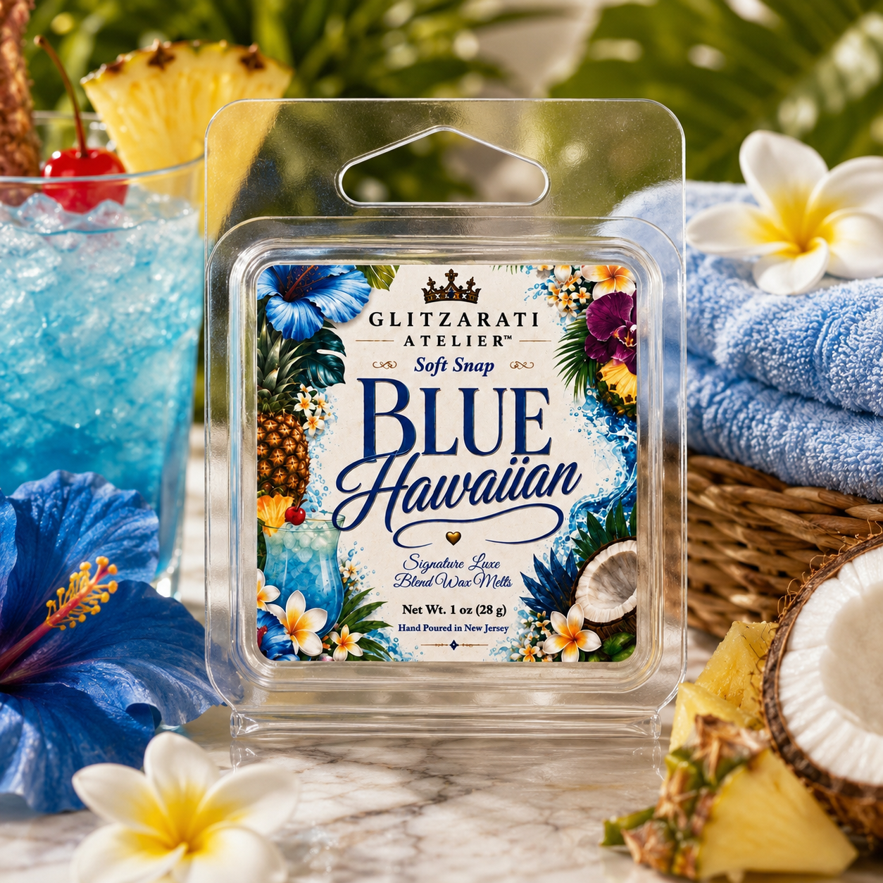 Blue Hawaiian | Signature Luxe Blend Wax Melt | Orange, Pineapple & Sweet Coconut | 1 oz Clamshell | Glitzarati Atelier™