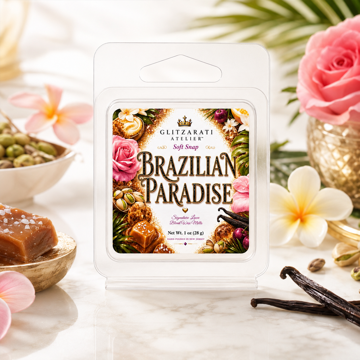 Brazilian Paradise | Signature Luxe Blend Wax Melt | Pistachio, Coconut Cream & Salted Caramel | 1 oz Clamshell | Glitzarati Atelier™