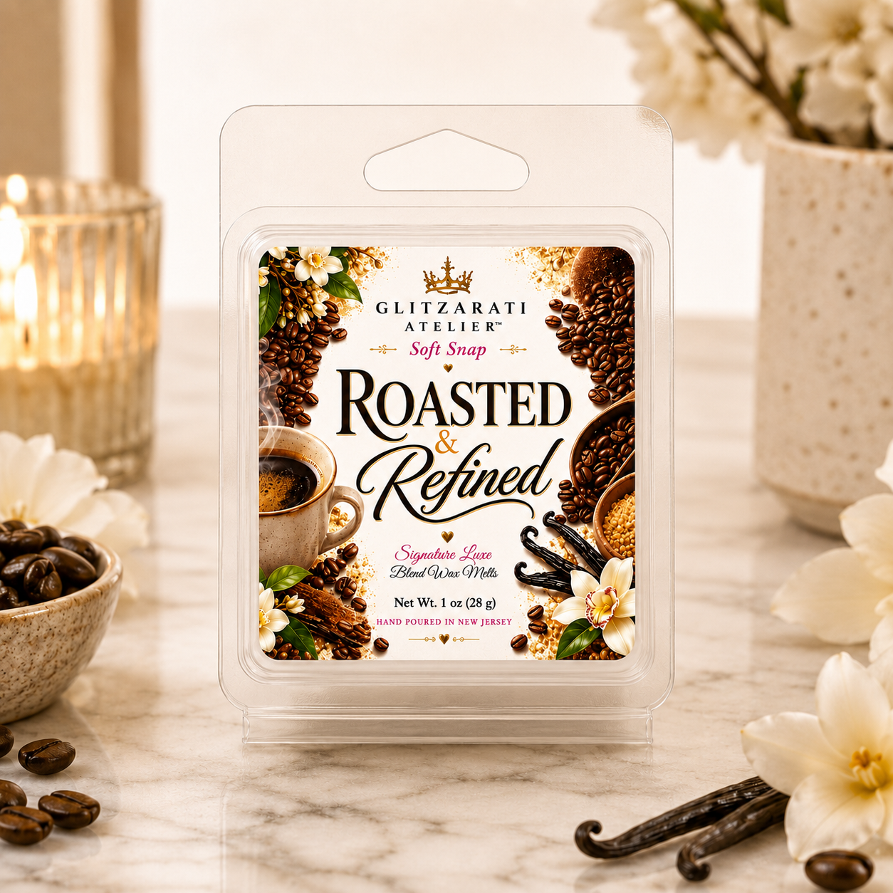 Roasted & Refined | Signature Luxe Blend Wax Melt | Fresh Brewed Coffee, Dark Roast & Espresso | 1 oz Clamshell | Glitzarati Atelier™