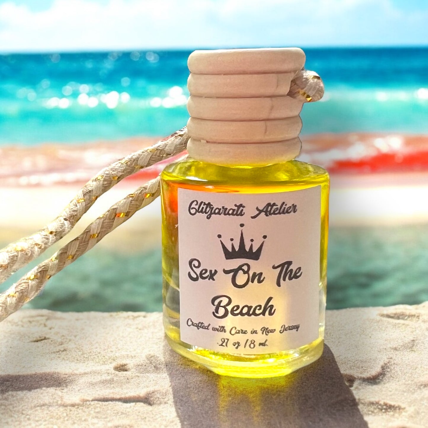On The Beach Hanging Car Diffuser – Orange, Peach & Vanilla Fruit Blend | 8ml Glass Freshener by Glitzarati Atelier