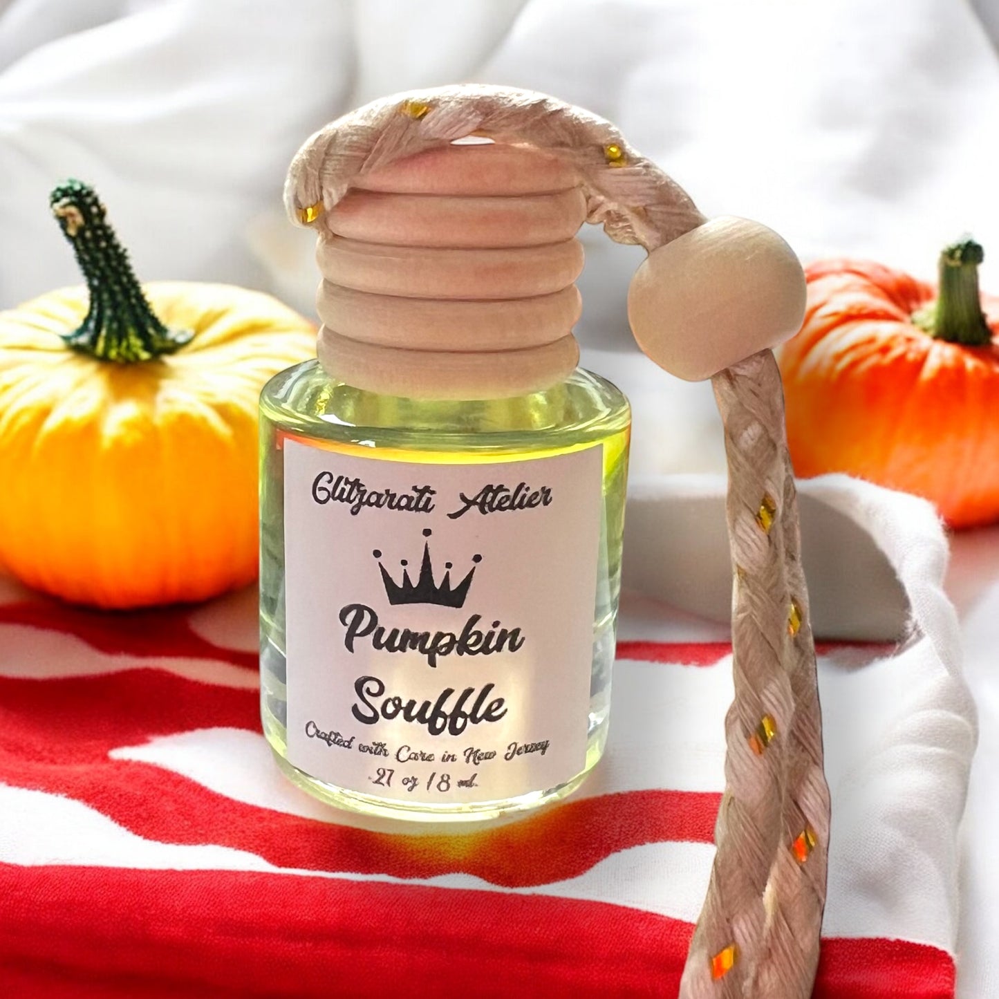 Pumpkin Soufflé Hanging Car Diffuser – Spiced Cardamom, Cinnamon & Clove | 8ml Glass Freshener by Glitzarati Atelier