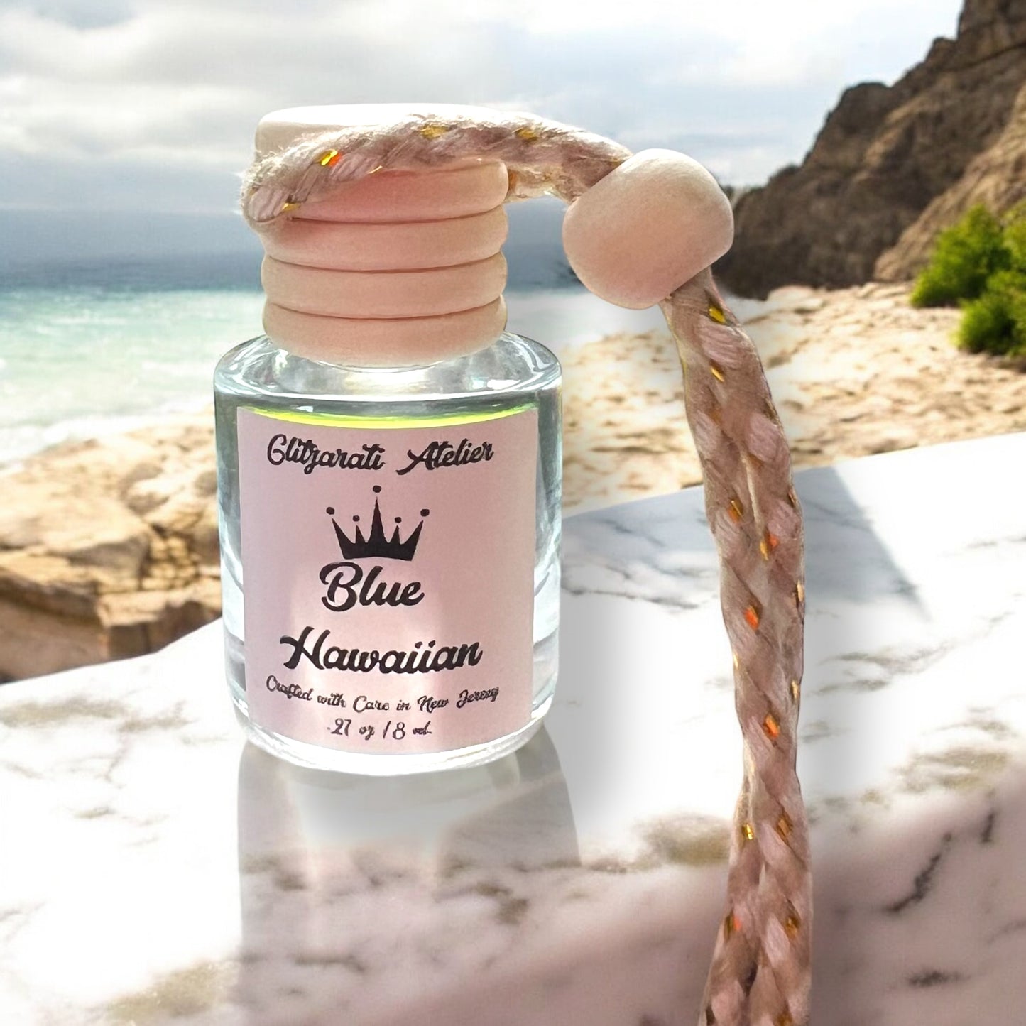 Blue Hawaiian Hanging Car Diffuser – Tropical Pineapple, Coconut & Cherry Drink Scent | 8ml Glass Freshener by Glitzarati Atelier