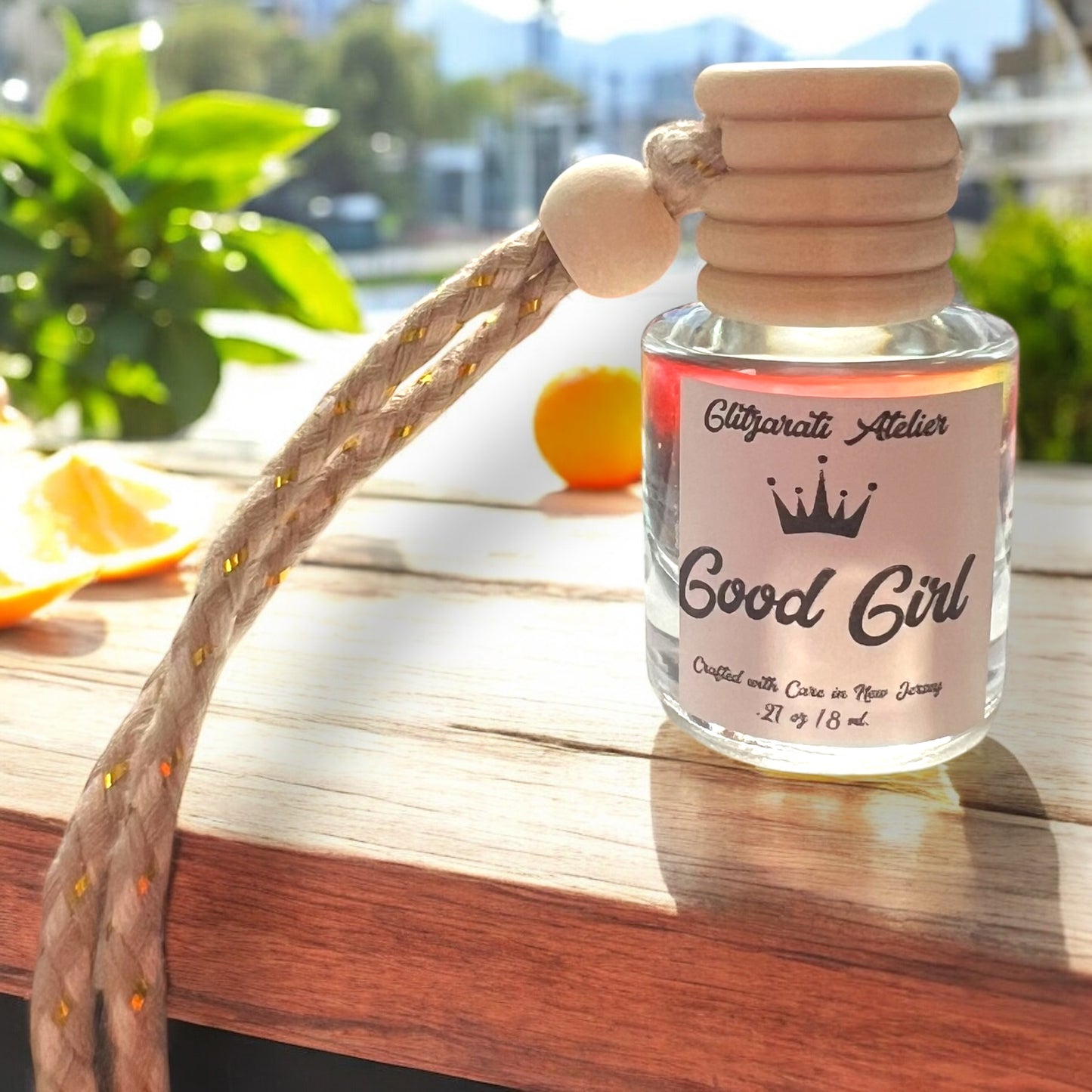 Good Girl Hanging Car Diffuser – Bold Floral Vanilla Perfume-Inspired | 8ml Glass Freshener by Glitzarati Atelier