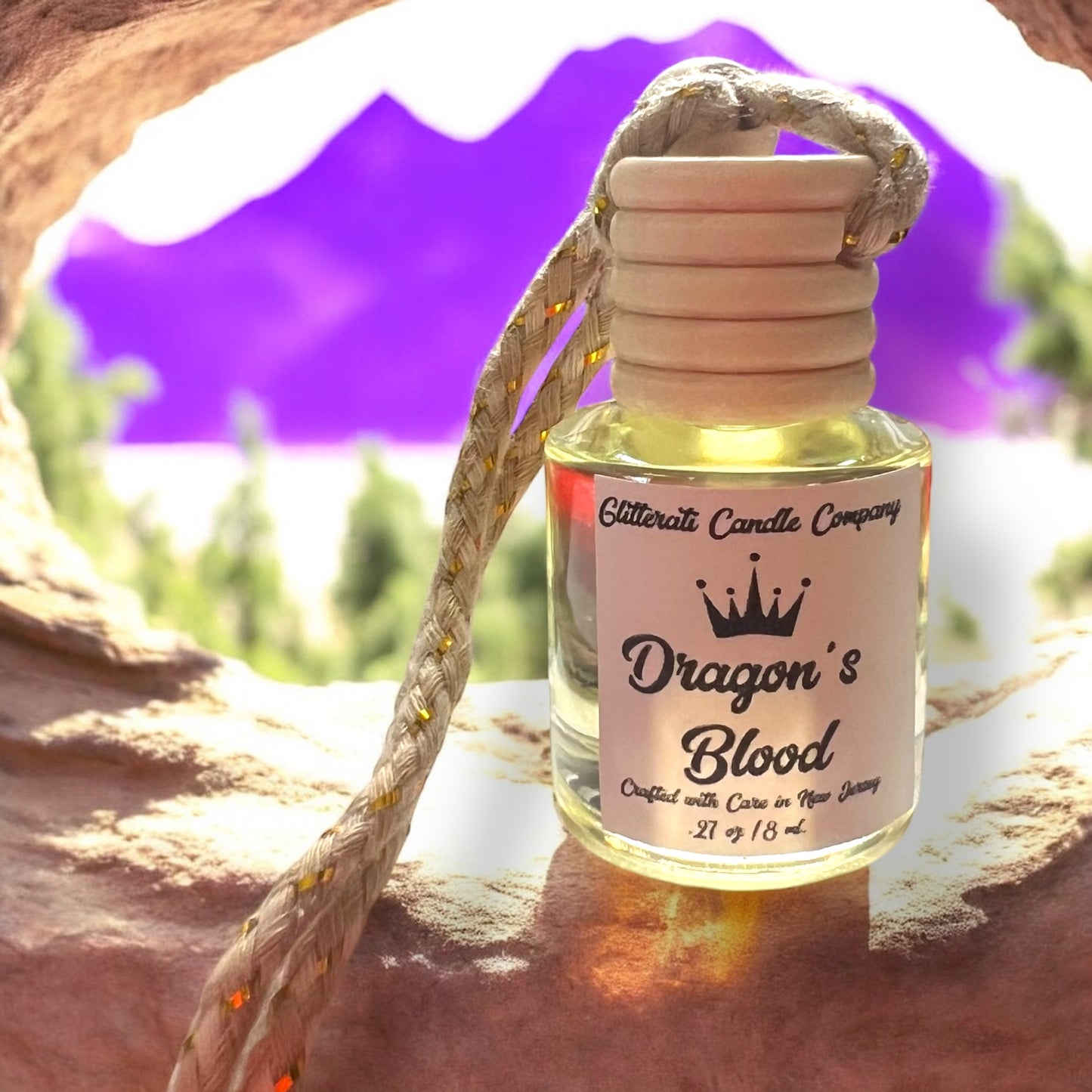 Dragon’s Blood Hanging Car Diffuser – Earthy Spiced Resin Aroma | 8ml Glass Freshener by Glitzarati Atelier