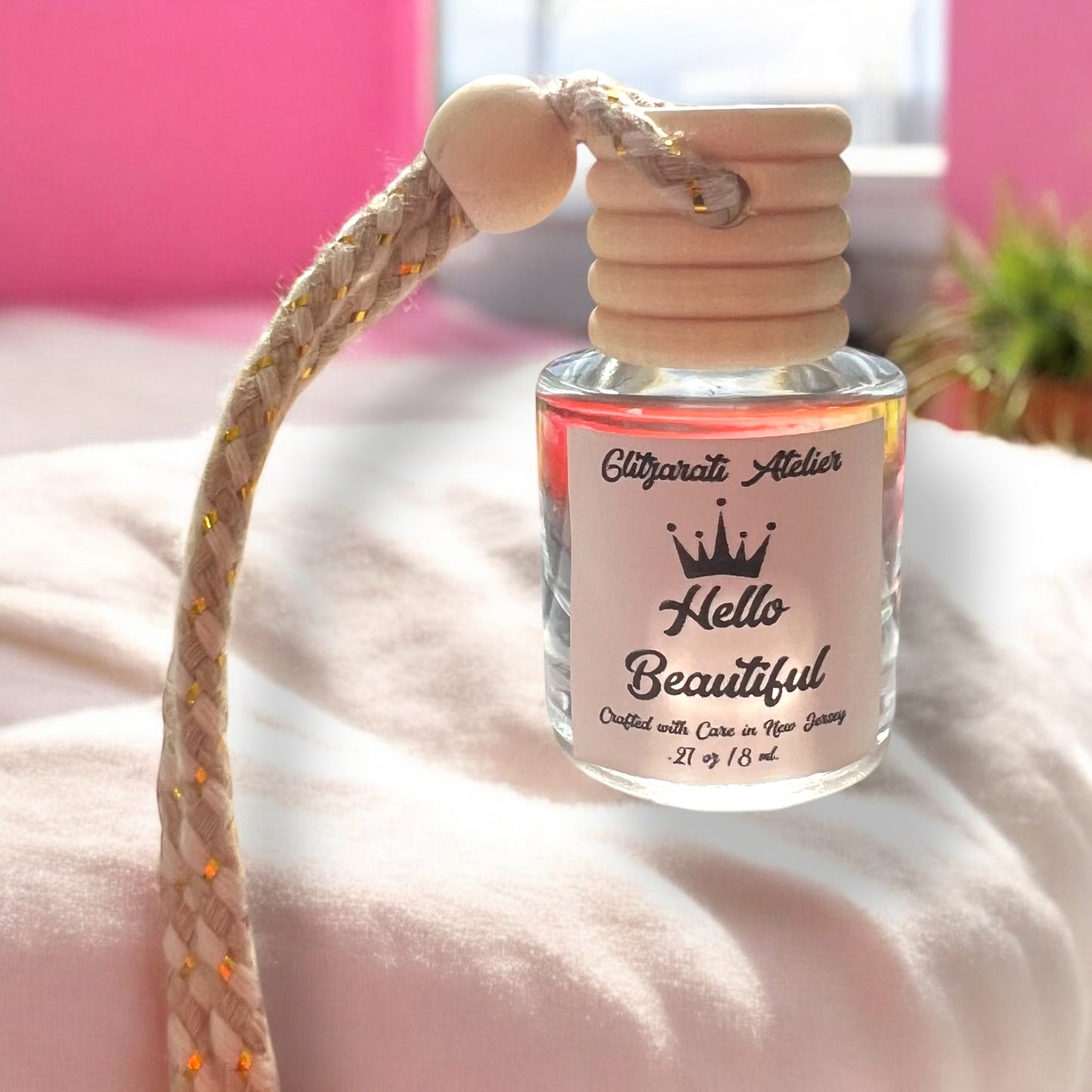 Hello Beautiful Scented Hanging Glass Car Oil Diffuser Freshener 8ml