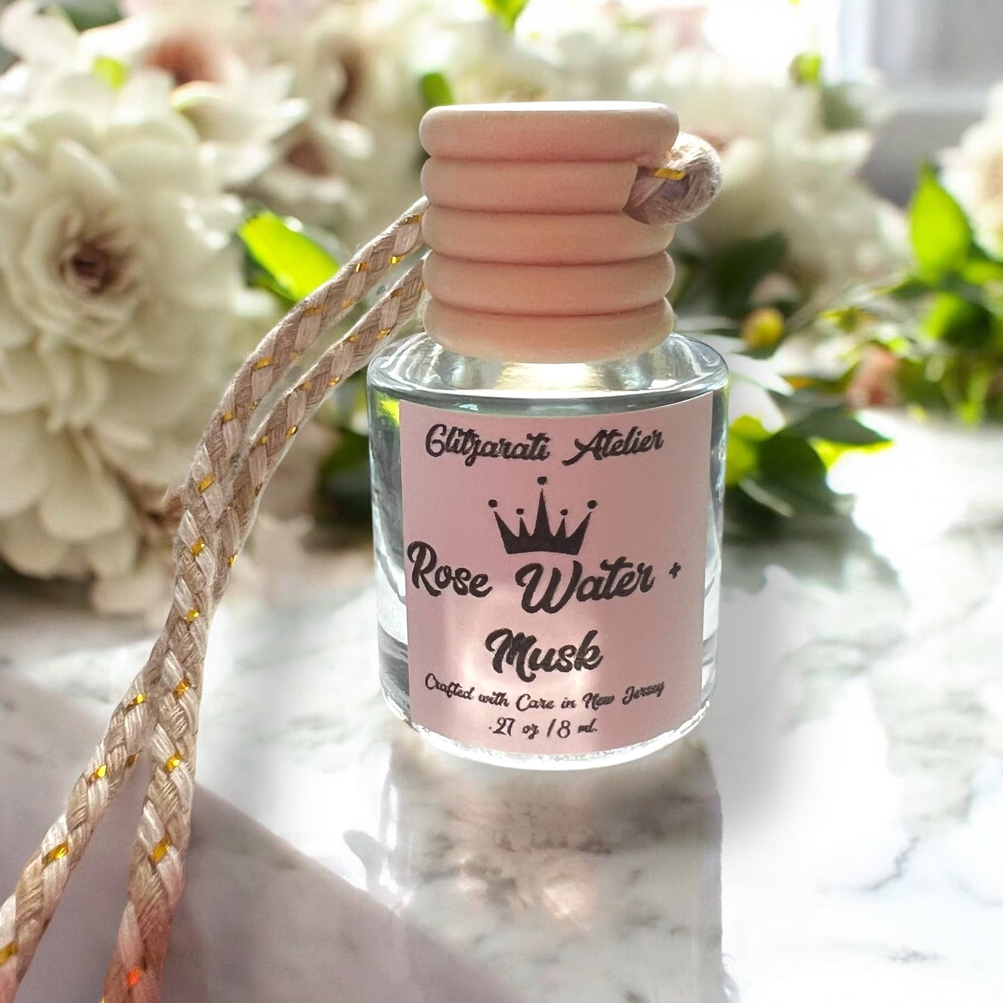 Rose Water + Musk Hanging Car Diffuser – Soft Florals, Jasmine & Sandalwood | 8ml Glass Freshener by Glitzarati Atelier