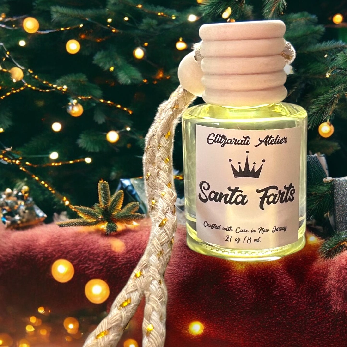 Santa Farts Hanging Car Diffuser – Chocolate, Vanilla & Cotton Candy Scent | 8ml Glass Freshener by Glitzarati Atelier (Limited Holiday Edition)