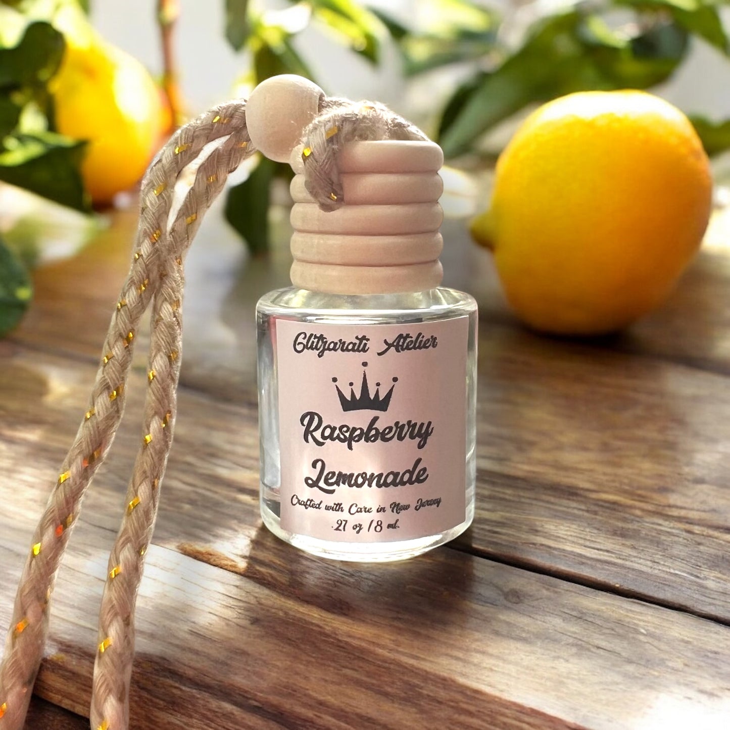 Raspberry Lemonade Hanging Car Diffuser – Sweet Citrus, Berry & Cotton Candy | 8ml Glass Freshener by Glitzarati Atelier