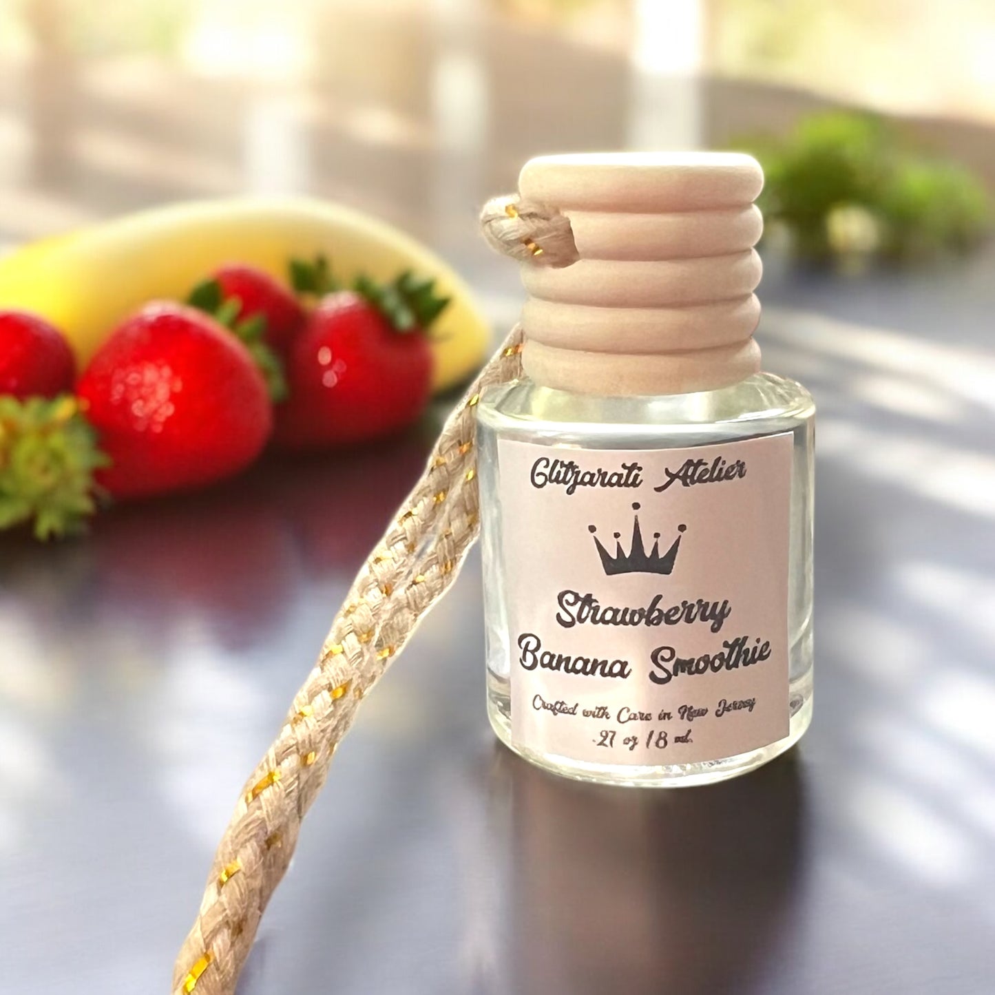 Strawberry Banana Smoothie Hanging Car Diffuser – Fruity Banana, Strawberry & Vanilla Cream | 8ml Glass Freshener by Glitzarati Atelier