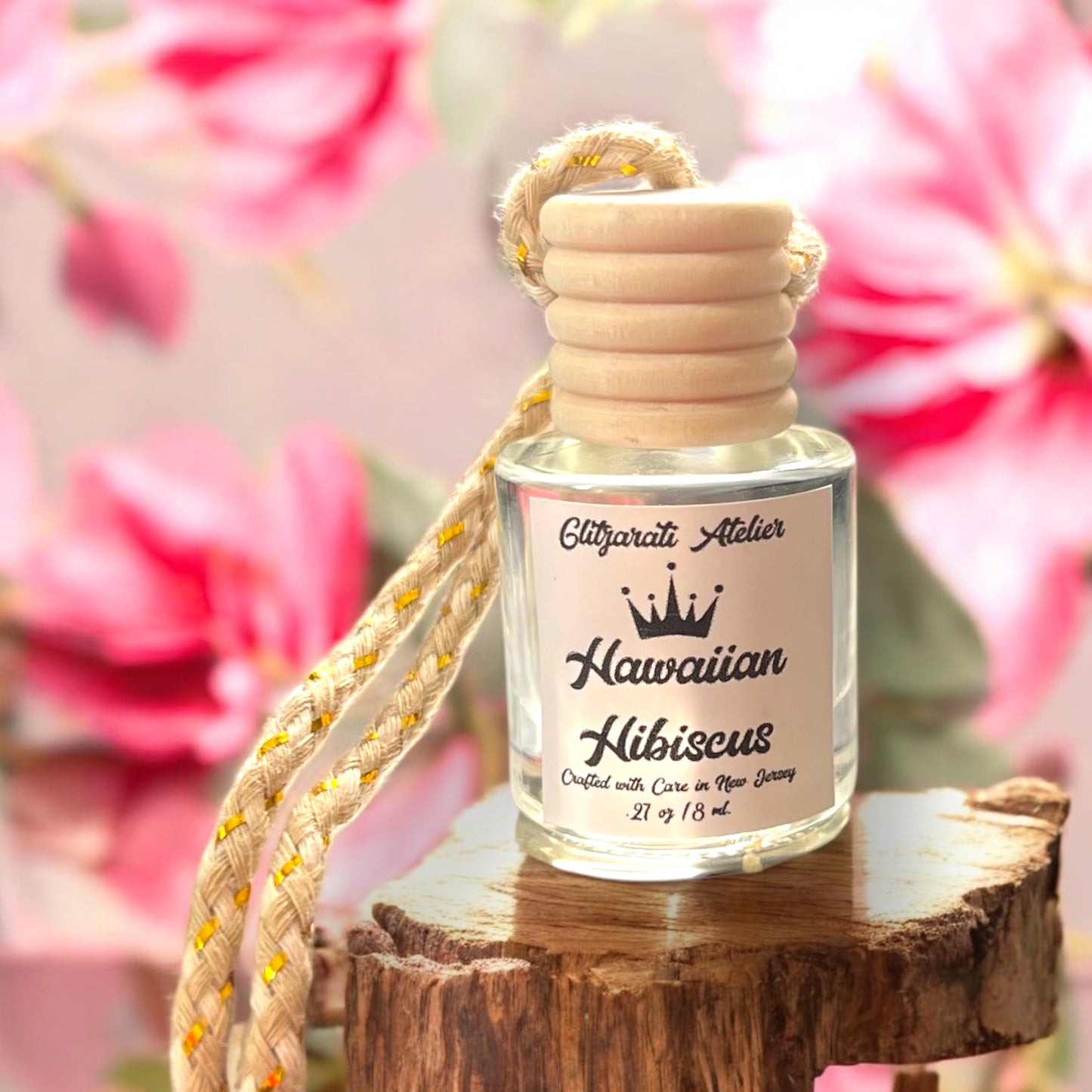 Hawaiian Hibiscus Hanging Car Diffuser – Tropical Floral, Sugared Berry & Musk | 8ml Glass Freshener by Glitzarati Atelier