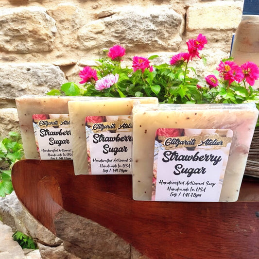 Strawberry Sugar Exfoliating Soap Bar – Cold Process with Aloe & Seeds | Fruity Vegan Skincare | Glitzarati Atelier