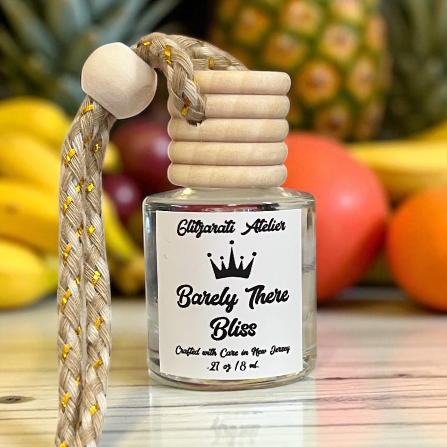 Barely There Bliss Hanging Car Diffuser – Tropical Fruit, Coconut & Vanilla | 8ml Glass Freshener by Glitzarati Atelier