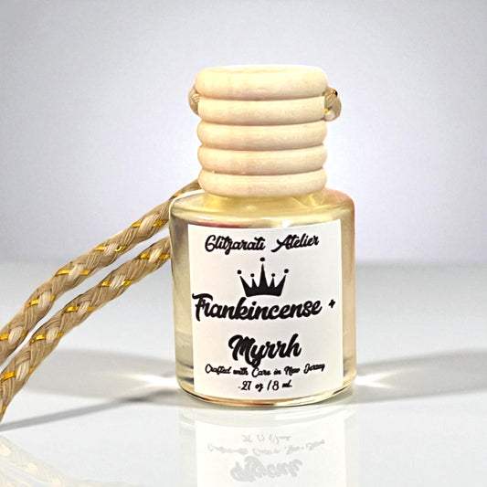 Frankincense & Myrrh Hanging Car Diffuser – Earthy Oud & Resin Incense | 8ml Glass Freshener by Glitzarati Atelier