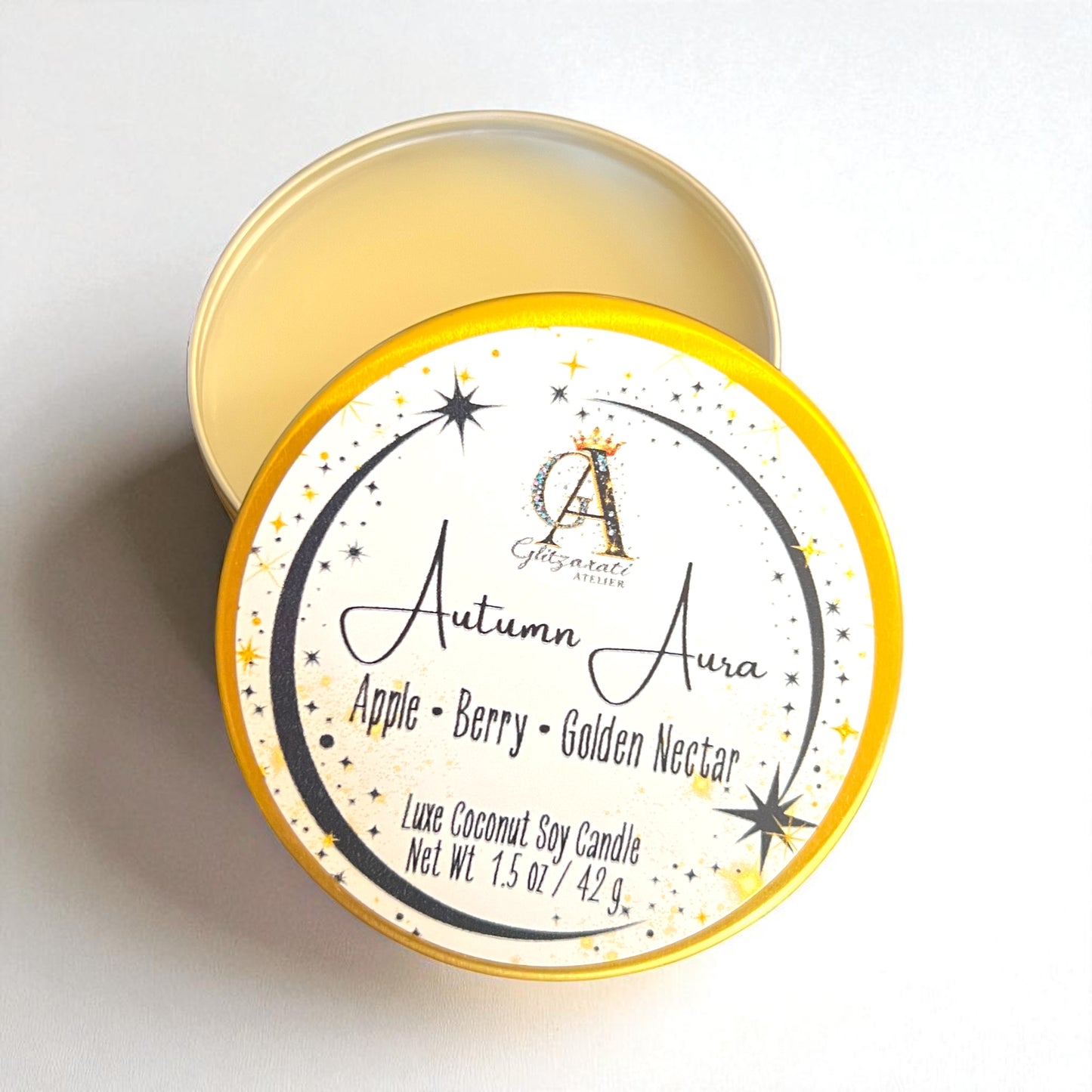 Autumn Aura Petite Luxe™ Candle – Apple, Berry & Golden Nectar • 2 oz Travel Tin | Glitzarati Atelier