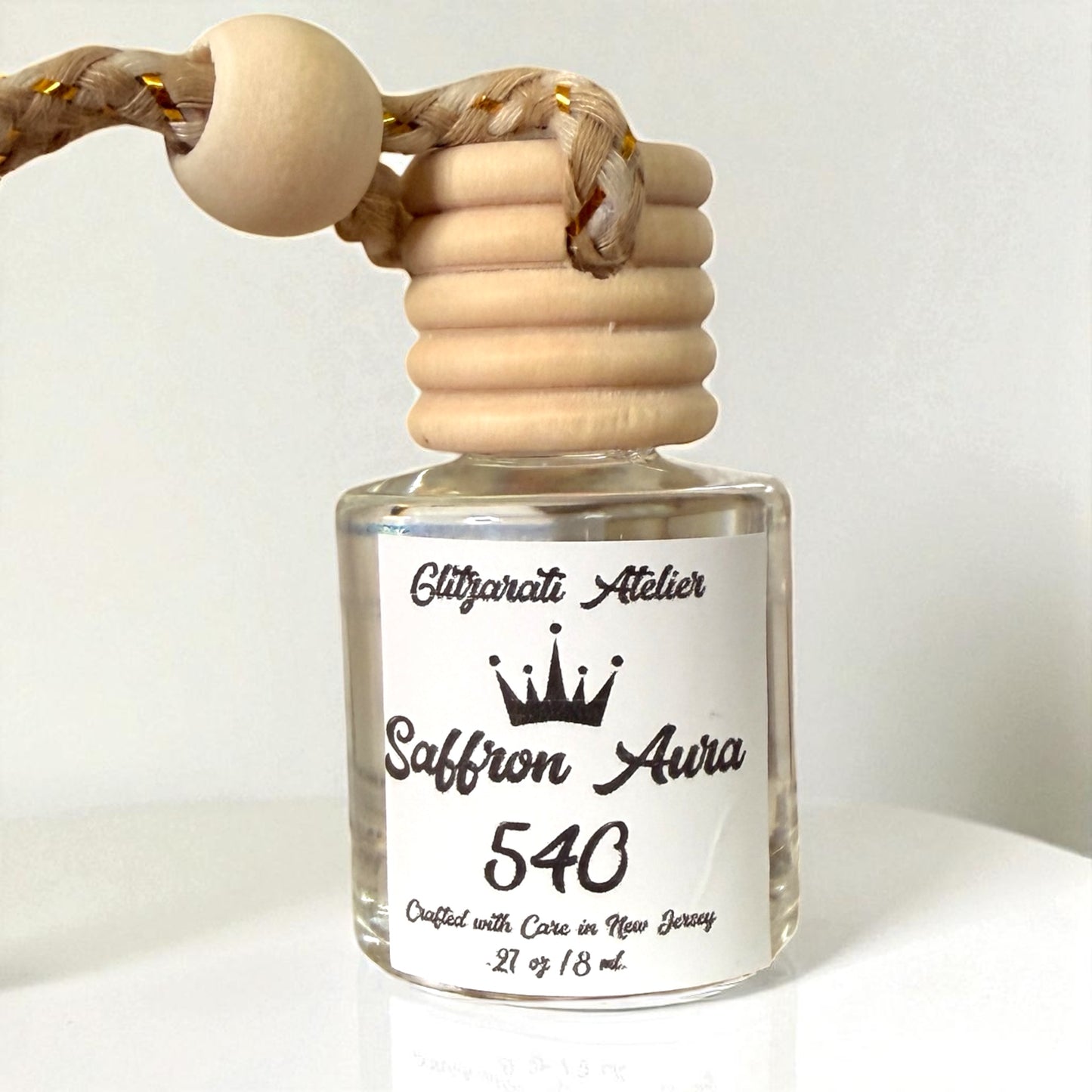 Saffron Aura 540 Hanging Car Diffuser – Luxe Floral Wood & Amber | 8ml Glass Freshener by Glitzarati Atelier