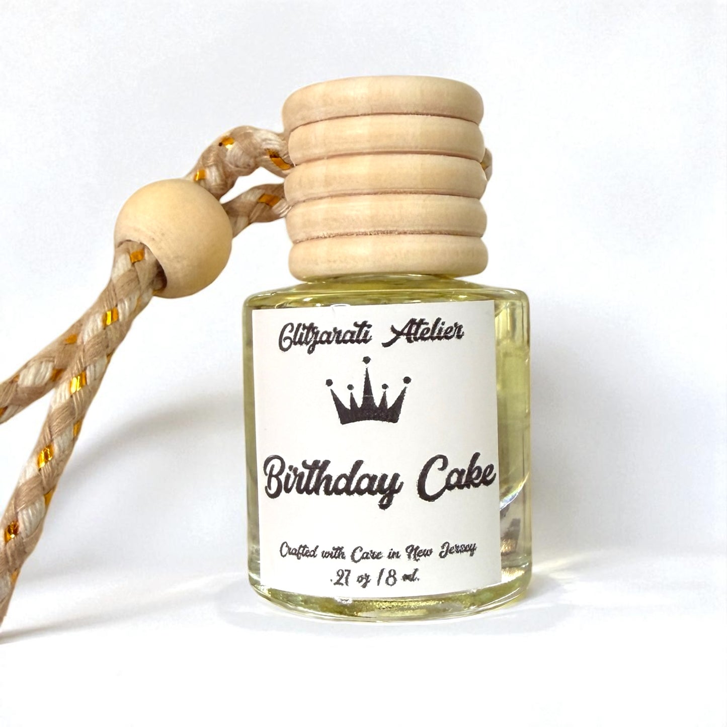 Birthday Cake Hanging Car Diffuser – Sweet Cake & Vanilla Scent | 8ml Glass Freshener by Glitzarati Atelier