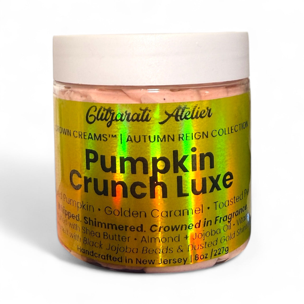 Jar of 'Pumpkin Crunch Luxe' cream from Glitzyarati Atelier on a white background