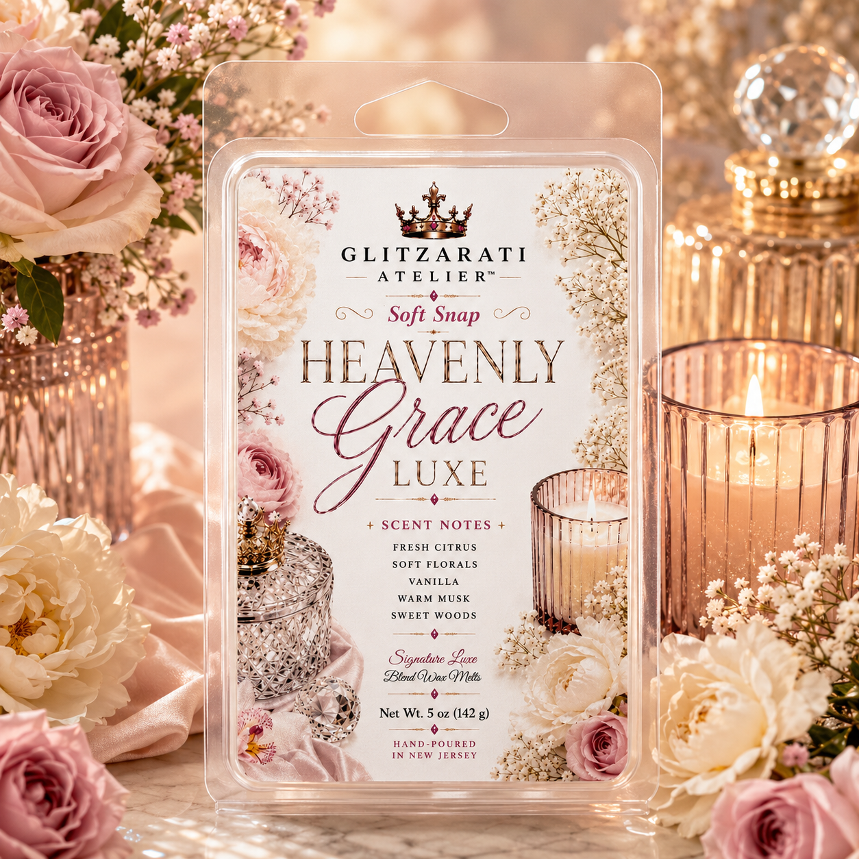 Heavenly Grace Luxe | Signature Luxe Blend Wax Melt | Green Citrus, Rose Jasmine & Cotton Candy Musk | 5 oz Clamshell | Glitzarati Atelier™