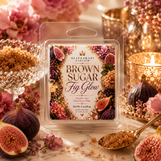 Packaged Brown Sugar Fig Glow wax melt surrounded by figs and flowers on a decorative background