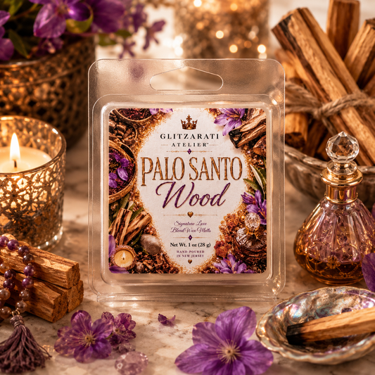 Packaged Palo Santo wood wax melt with decorative items on a table