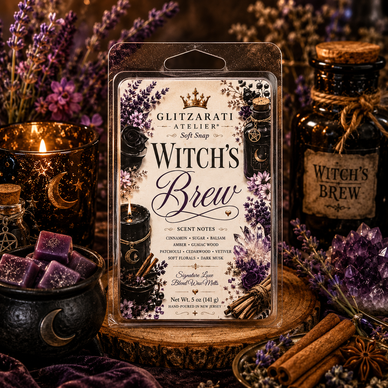 Packaged product labeled 'Witch's Brew' with a mystical theme featuring candles, lavender, and spices.