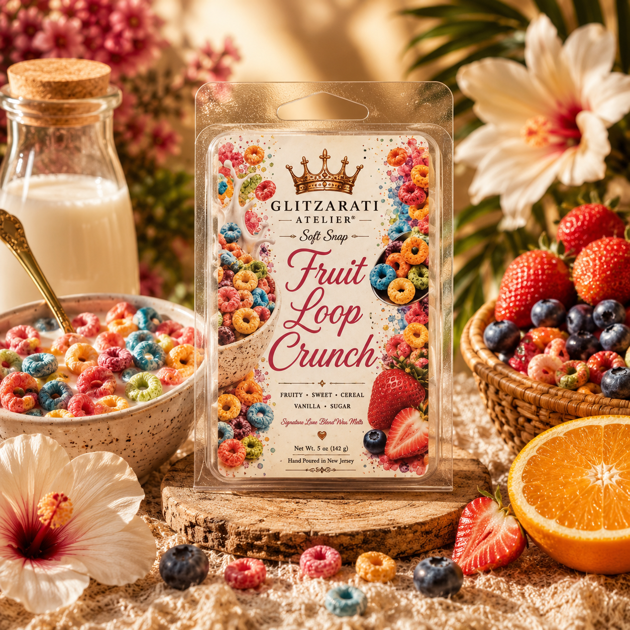 Packaged fruit loop crunch soap with a bowl of cereal, fruits, and flowers in the background