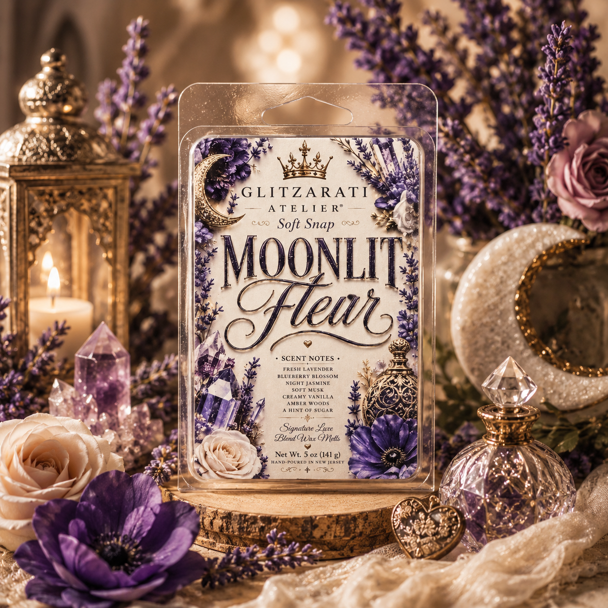 Glitzarati Atelier Moonlit Flear soft snap surrounded by decorative elements like flowers and lanterns.