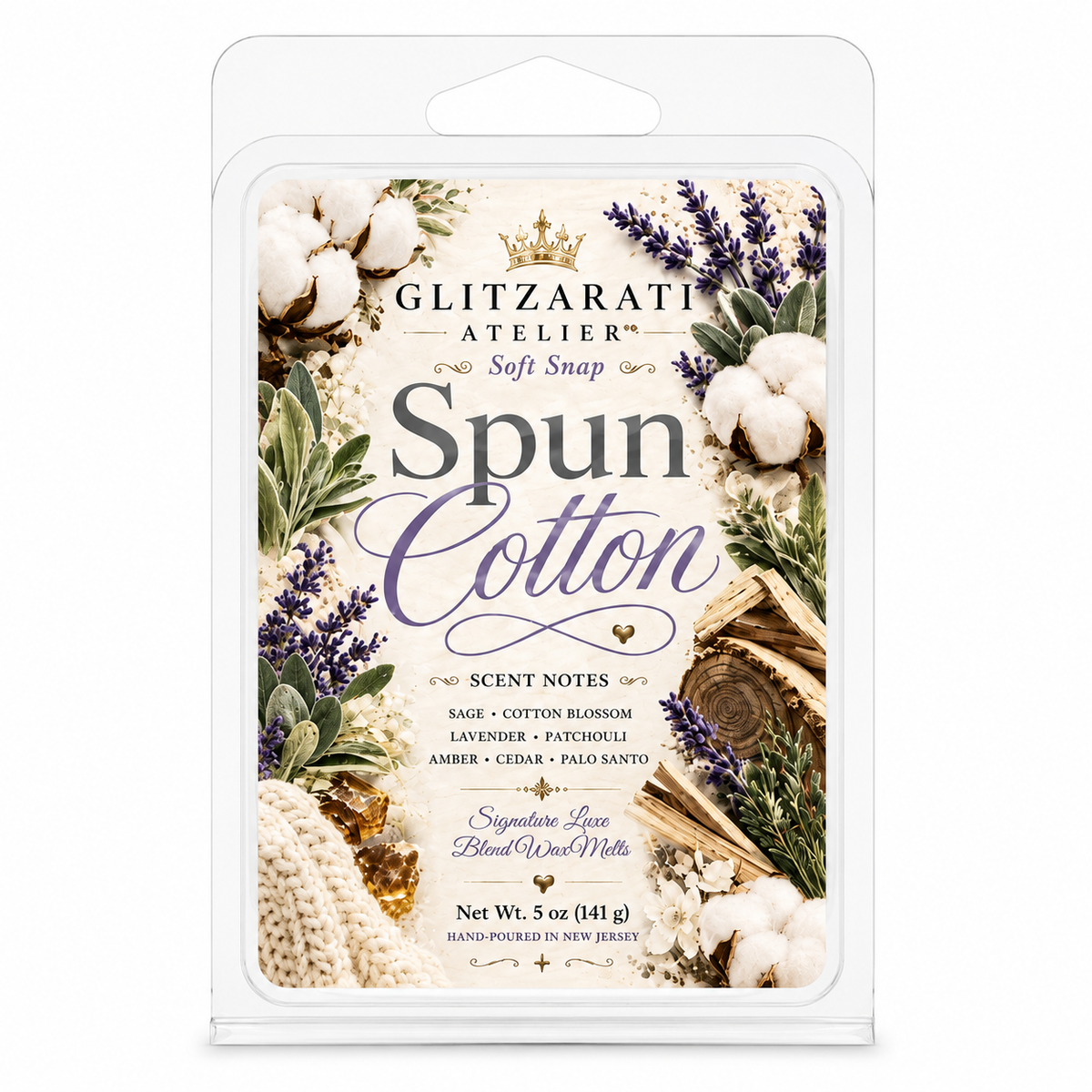 Spun Cotton | Signature Luxe Blend Wax Melt | Cotton Blossom, Rustic Sage & Warm Amber | 5 oz Clamshell | Glitzarati Atelier™