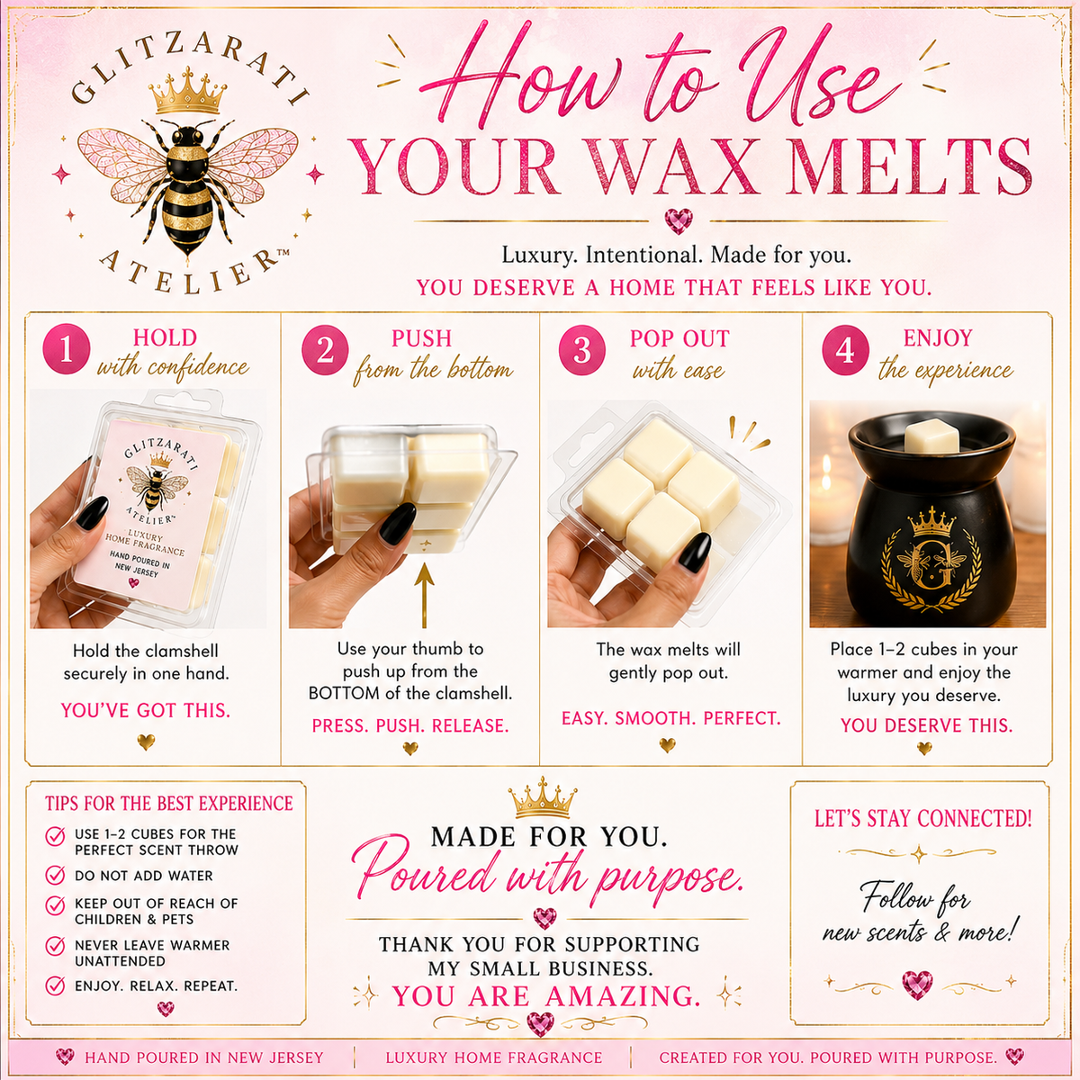 Instructions on how to use wax melts from Glitzarati Atelier with step-by-step illustrations.