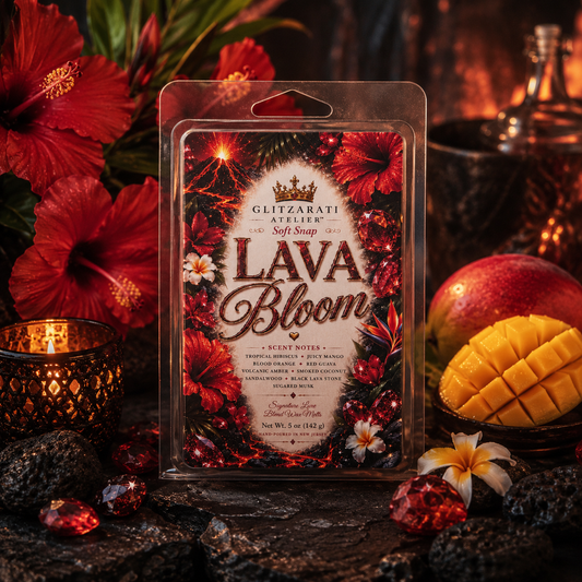 Packaged soft soap bar labeled 'Lava Bloom' with decorative elements like flowers and fruit.