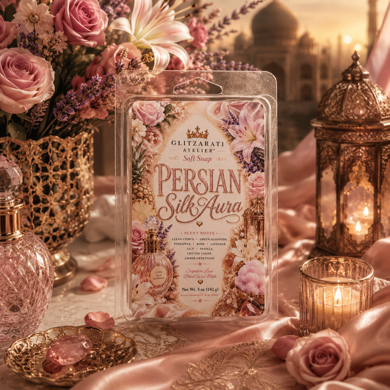 Glizzarati Persian Silk Aura scented wax melt packaging on a decorative table with flowers and lanterns.