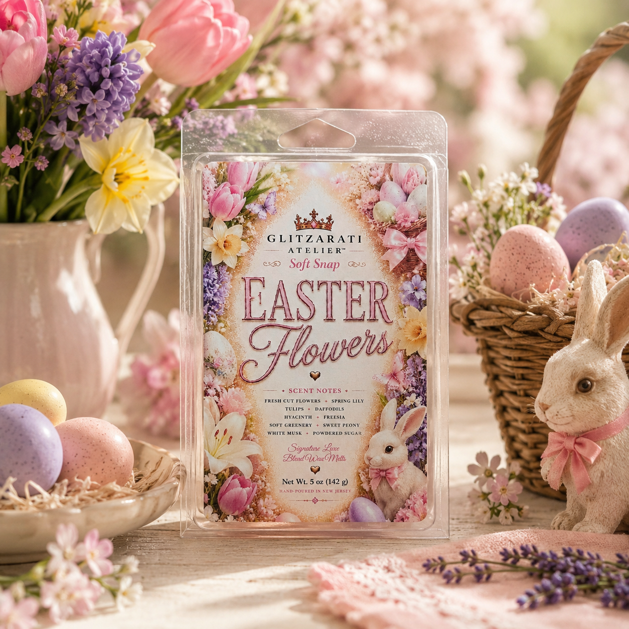 Glitzerati Atelier Easter Flowers soft soap packaging with Easter-themed decor including flowers, eggs, and a bunny.