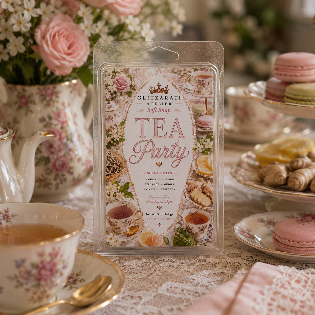 Tea party-themed soft soap packaging on a table with tea cups and cookies.