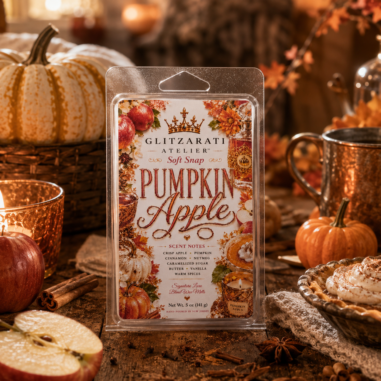 Pumpkin Apple scented wax melt package on a festive autumnal background with pumpkins and apples.
