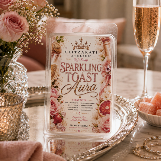 Packaged wax melt labeled 'Sparkling Toast Aura' on a decorative table with flowers and champagne.