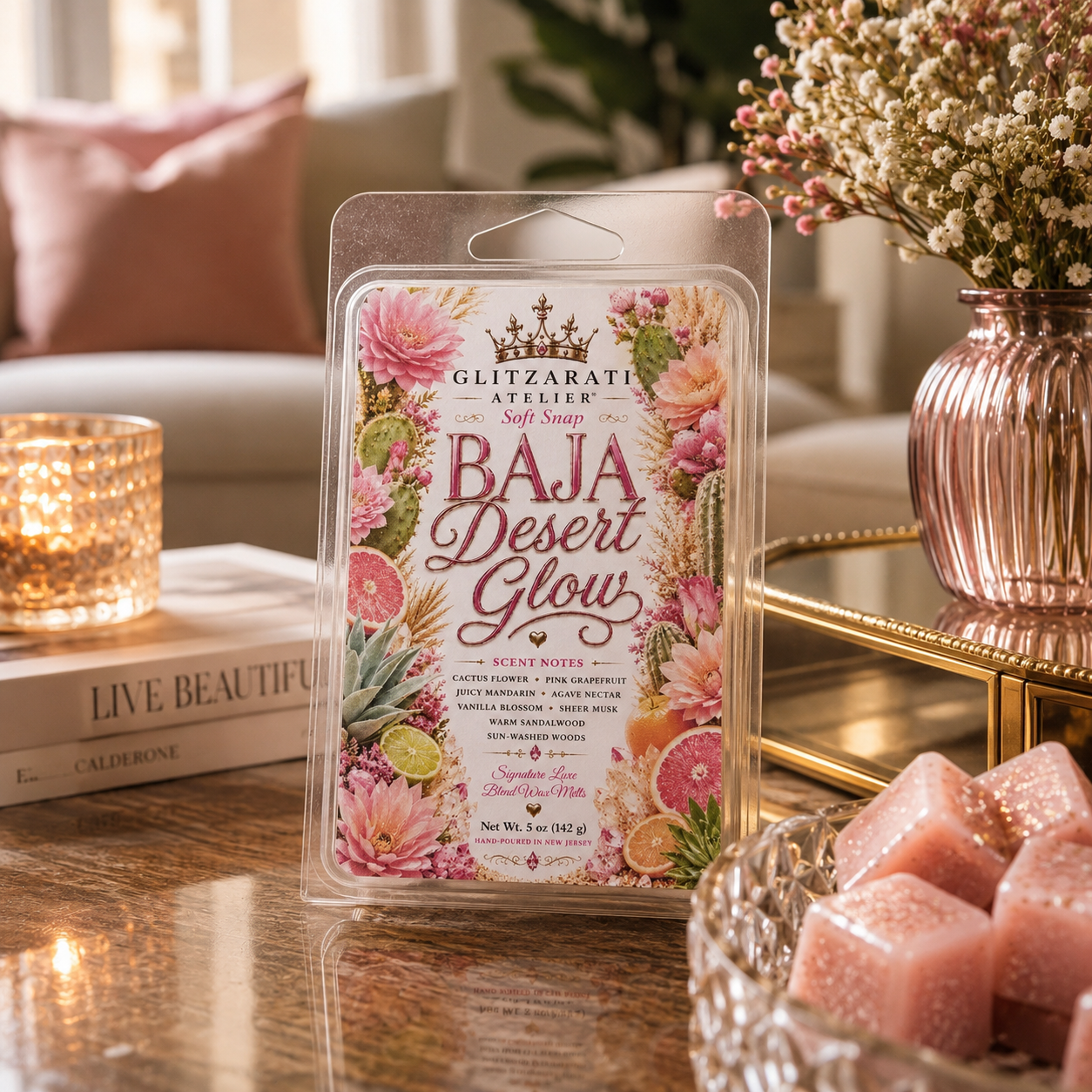 Baja Desert Glow scented wax melt package on a table with decorative items.