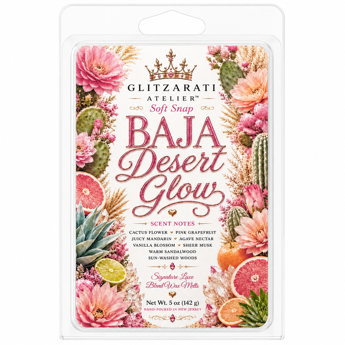 Glitzerati Atelier Baja Desert Glow soft snap packaging with floral and cactus design.