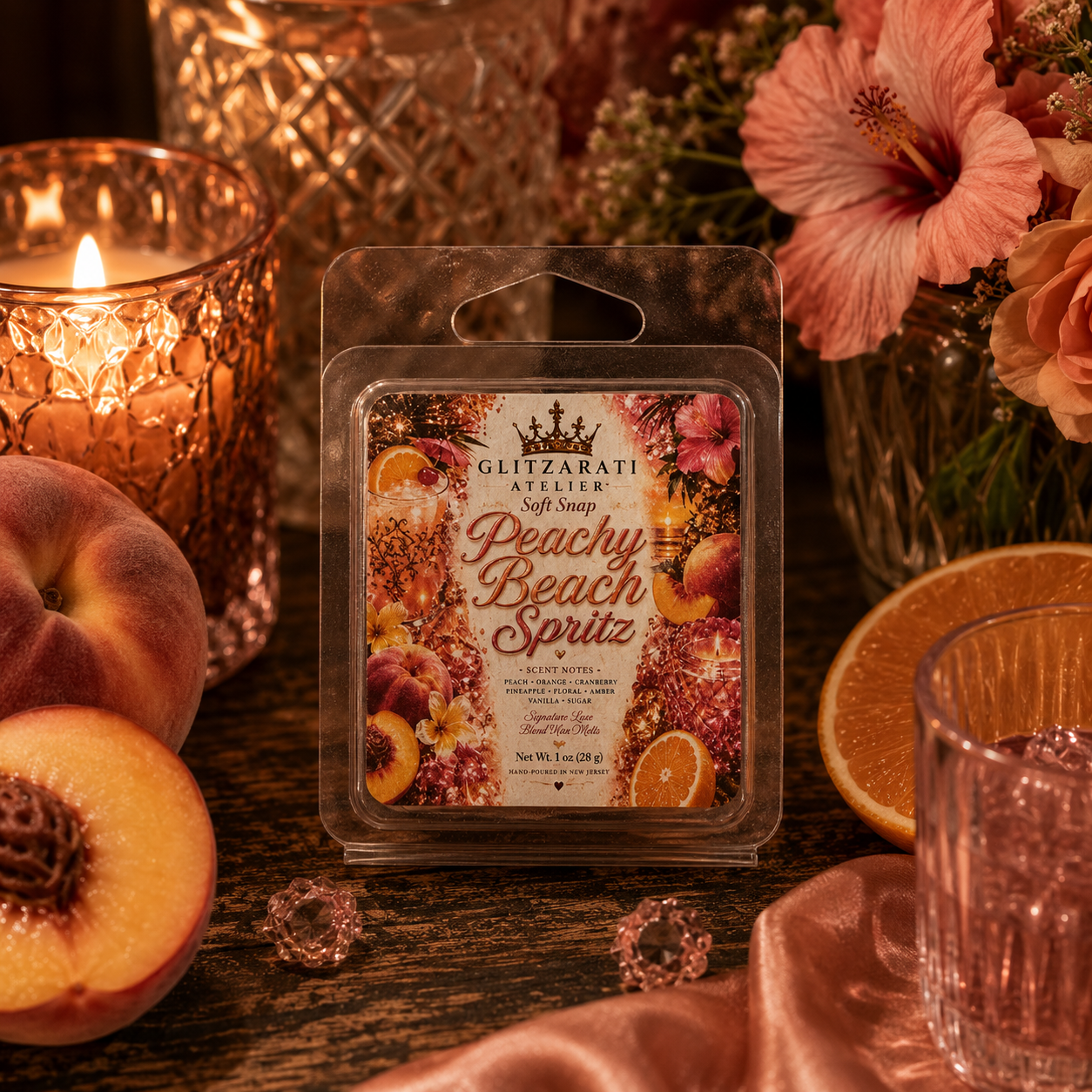 Packaged peach-scented wax melt with decorative elements on a table.