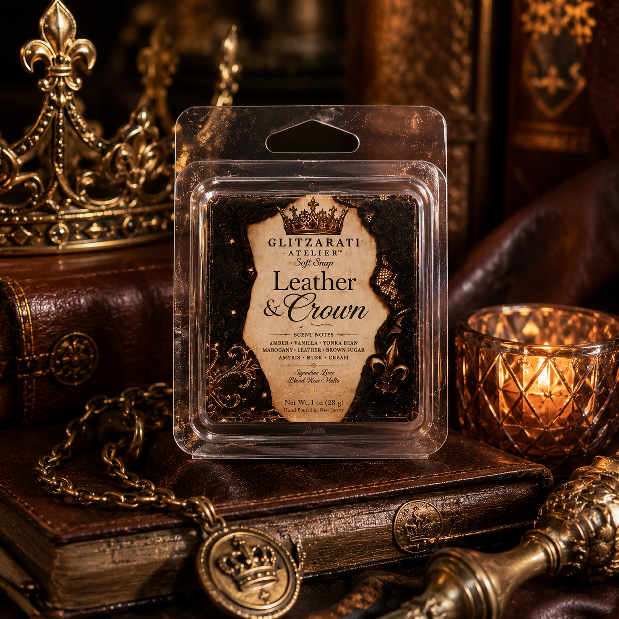 Packaged leather and crown scented wax melt with decorative background