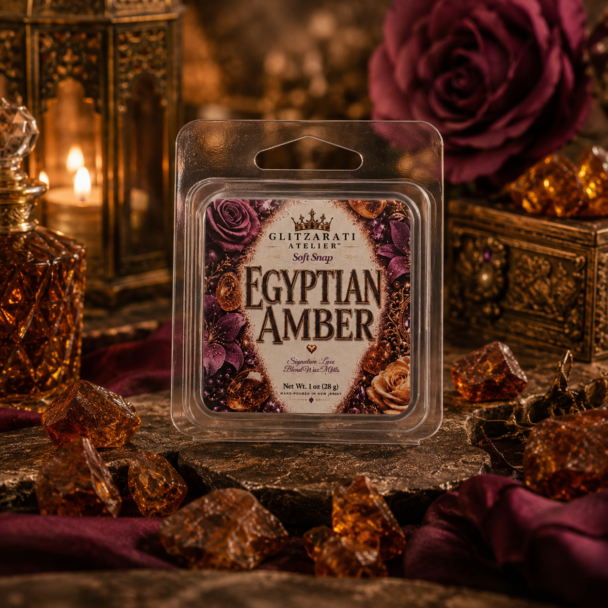 Wax melt packaging labeled 'Egyptian Amber' surrounded by decorative elements.