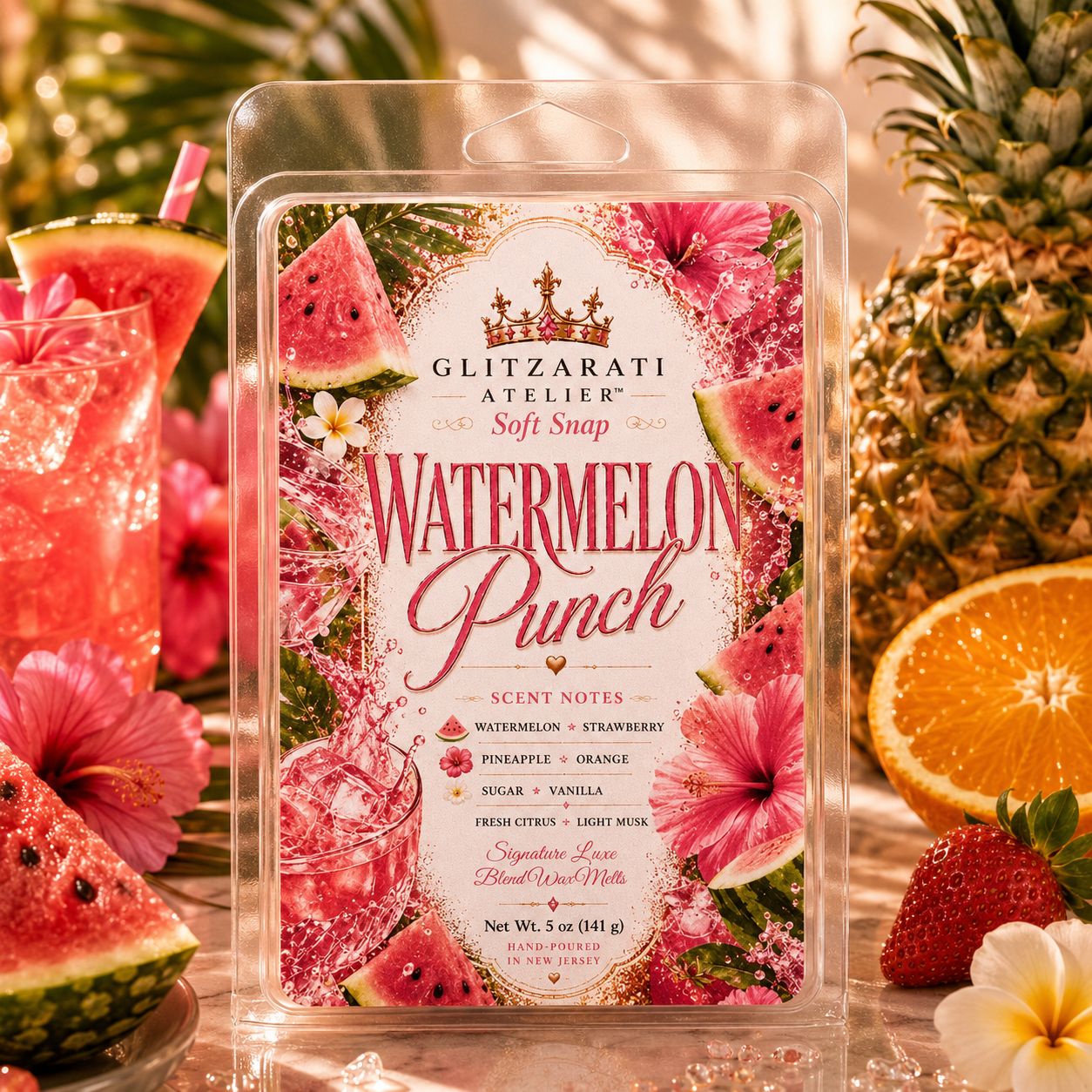 Watermelon Punch | Signature Luxe Blend Wax Melt | Sugared Watermelon, Fresh Orange & Sweet Berry | 5 oz Clamshell | Glitzarati Atelier™