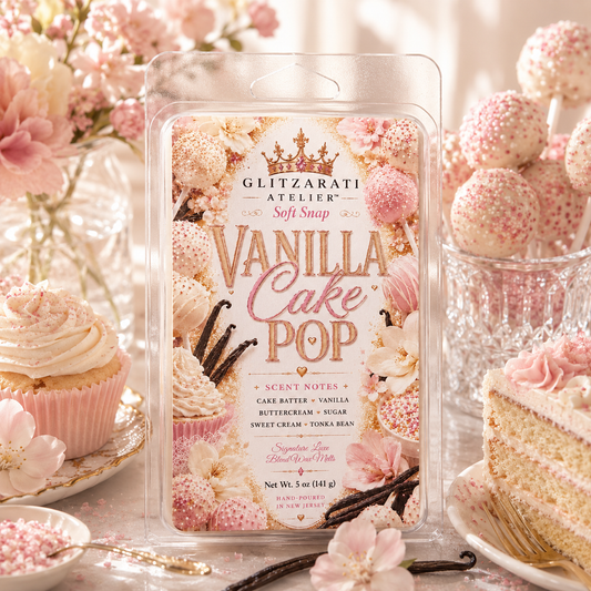 Vanilla Cake Pop | Signature Luxe Blend Wax Melt | Cake Batter, Vanilla & Buttercream Sugar | 5 oz Clamshell | Glitzarati Atelier™