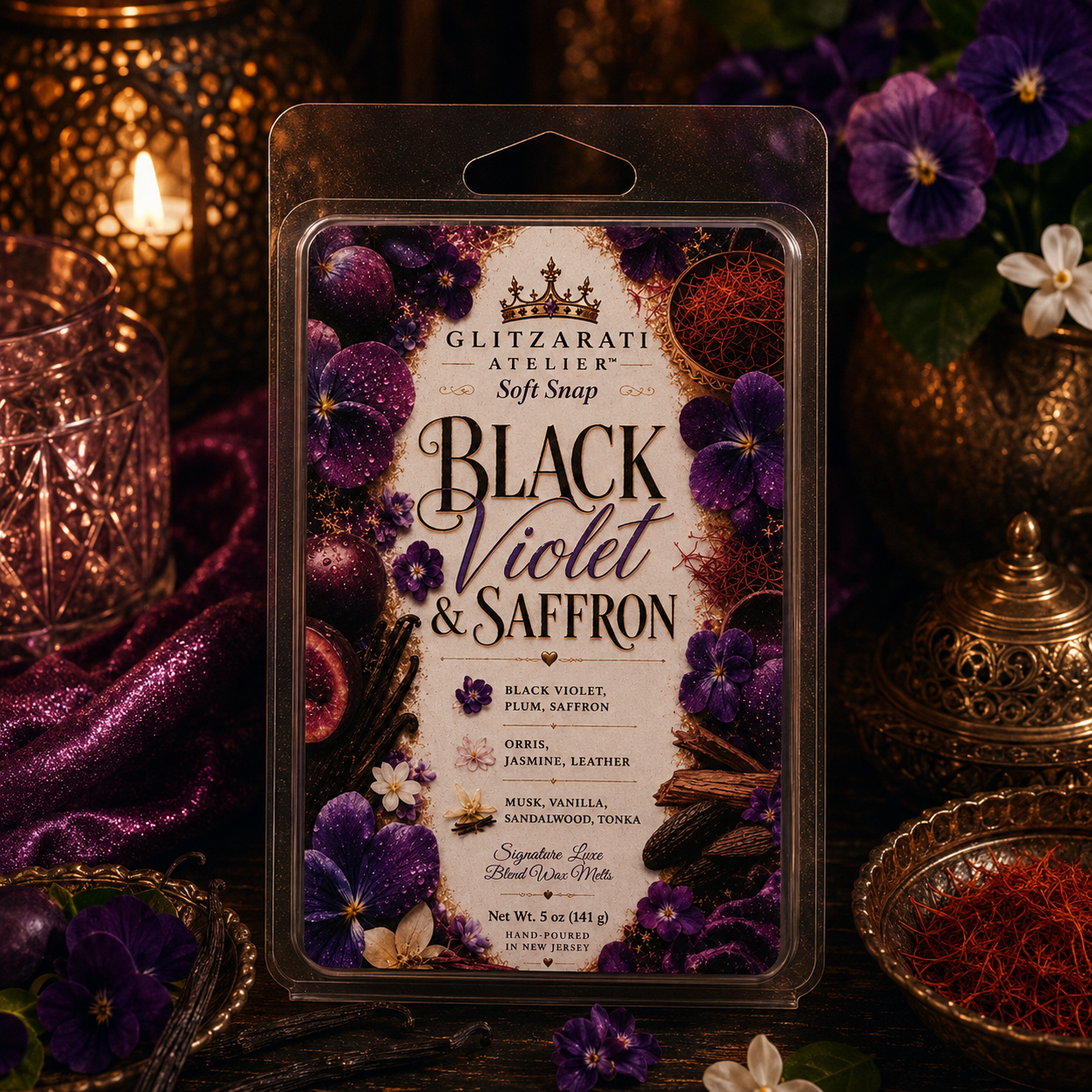 Black Violet & Saffron | Signature Luxe Blend Wax Melt | Black Violet, Plum & Saffron Leather | 5 oz Clamshell | Glitzarati Atelier™