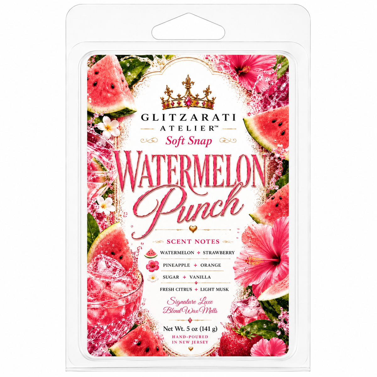 Watermelon Punch | Signature Luxe Blend Wax Melt | Sugared Watermelon, Fresh Orange & Sweet Berry | 5 oz Clamshell | Glitzarati Atelier™