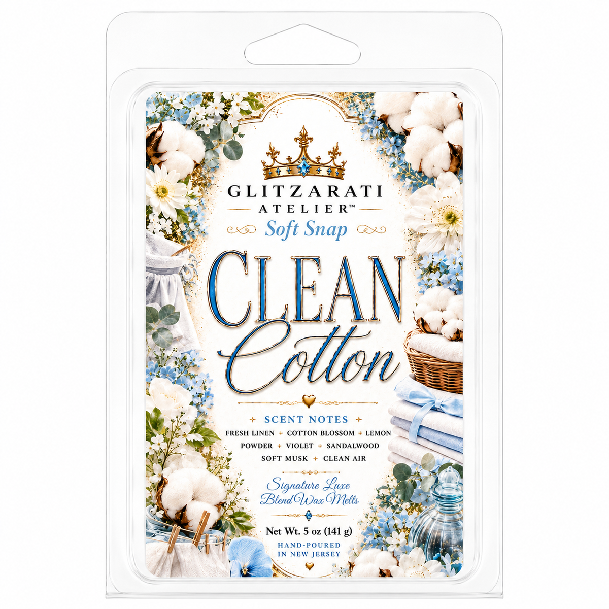 Clean Cotton | Signature Luxe Blend Wax Melt | Fresh Linen, Cotton Blossom & Soft Musk | 5 oz Clamshell | Glitzarati Atelier™