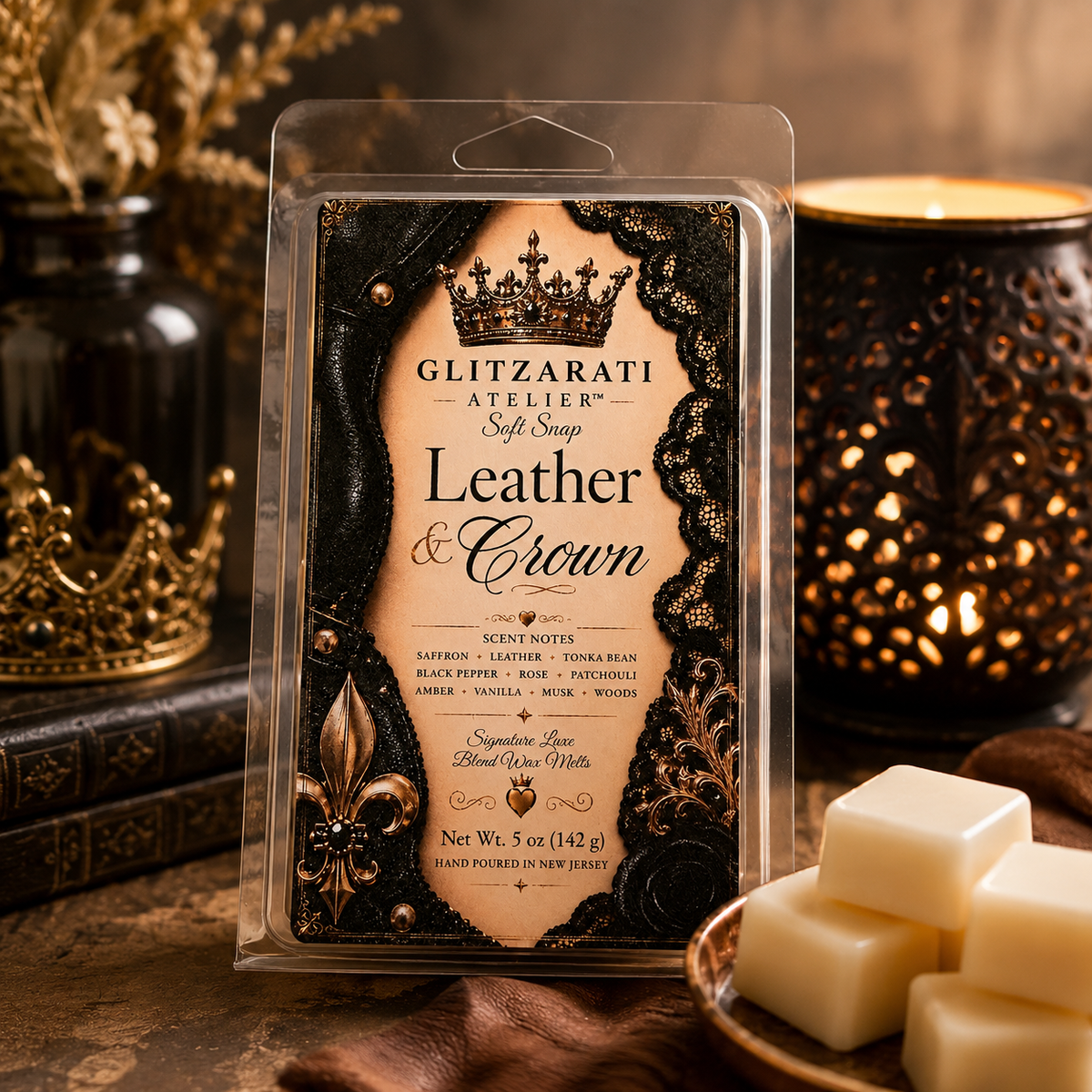 Packaged soft soap with 'Leather & Crown' design and branding on a decorative background.